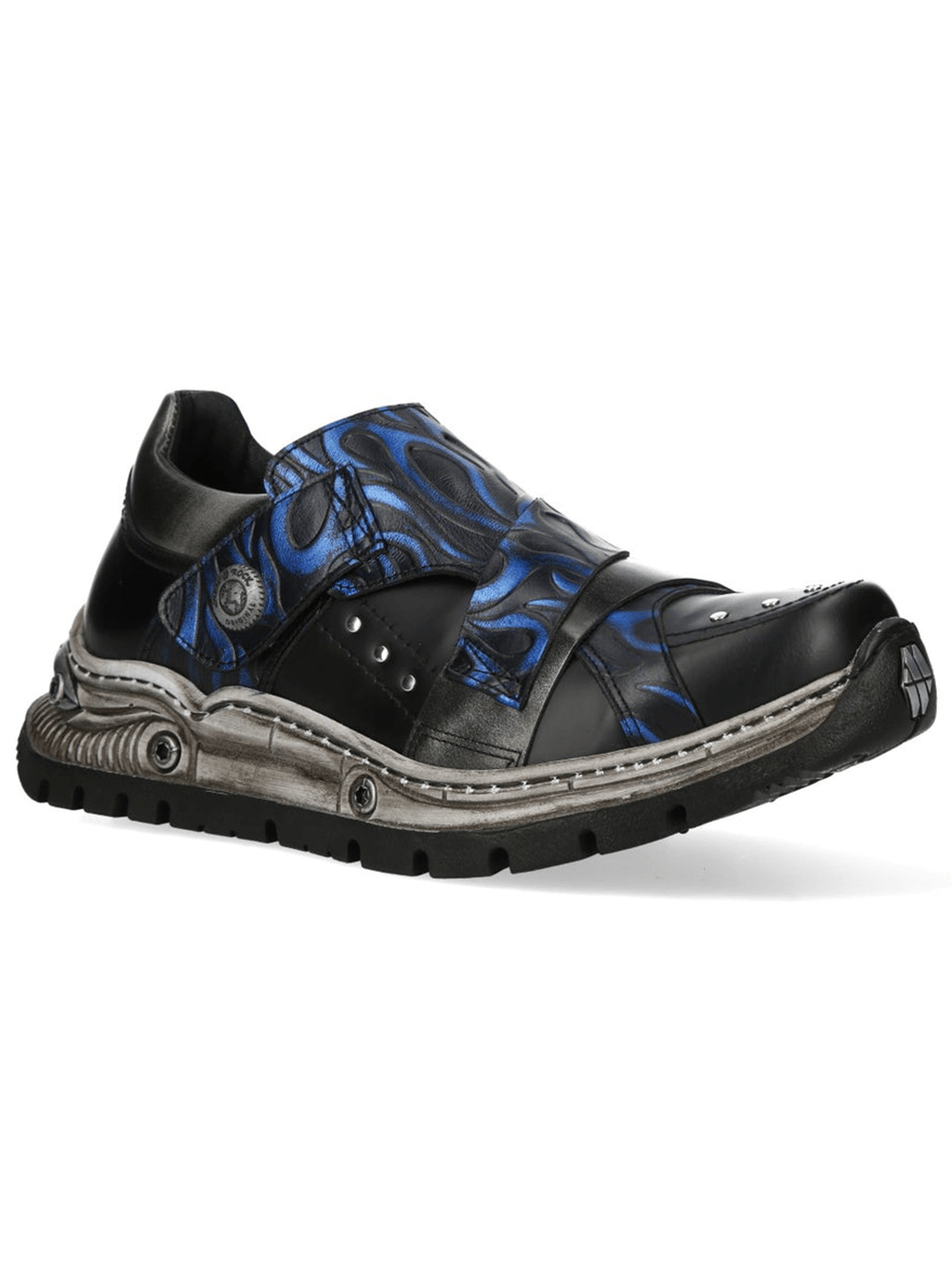 NEW ROCK Men's Blue Flame Rock Shoes with Stud Trim featuring blue flame graphics and wide Velcro straps.