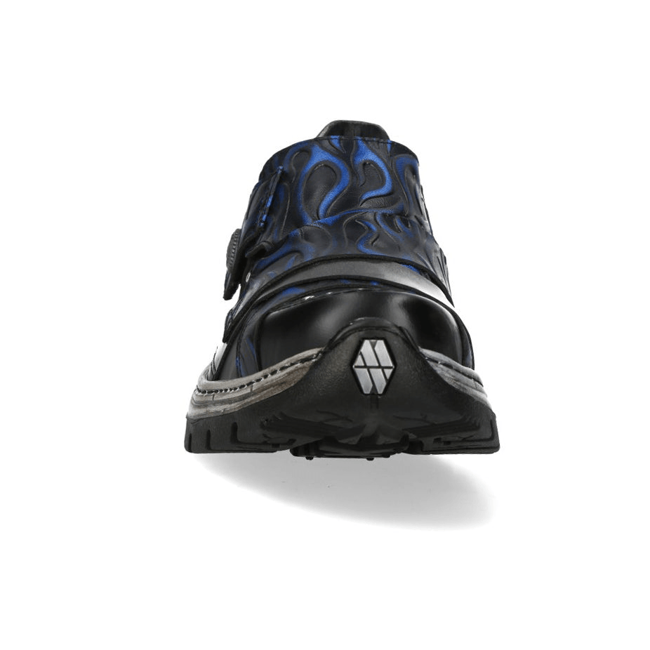 NEW ROCK Men's Blue Flame Rock Shoes with Stud Trim showcasing electric blue flame graphics and Velcro straps.