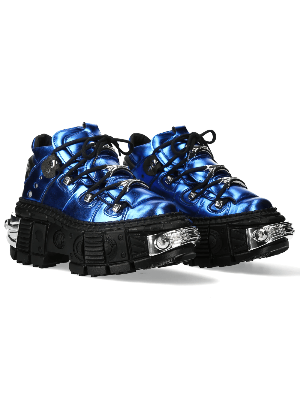NEW ROCK Men's Blue Gothic Shoes with Industrial Chrome Trim featuring electric blue glossy finish and oversized lug sole.