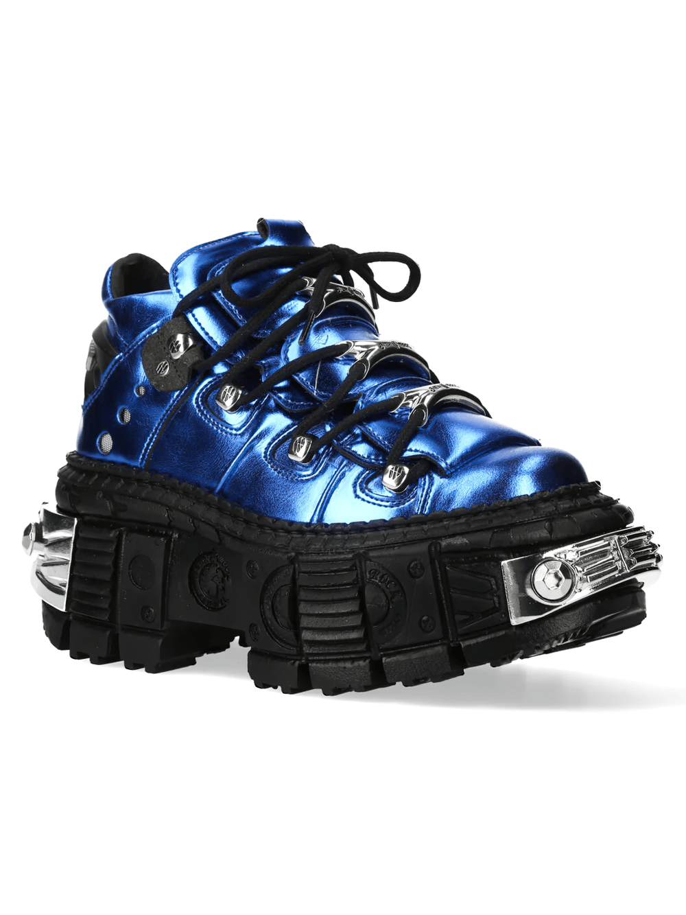 NEW ROCK Men's Blue Gothic Shoes with Industrial Chrome Trim featuring a shiny electric blue finish and rugged sole.