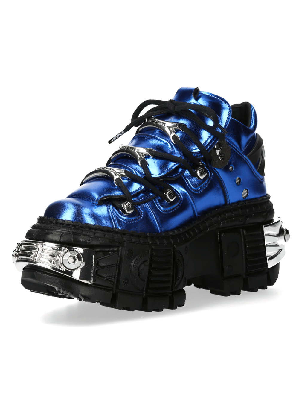 NEW ROCK Men's Blue Gothic Shoes with Industrial Chrome Trim showcasing glossy electric blue design and chunky sole.
