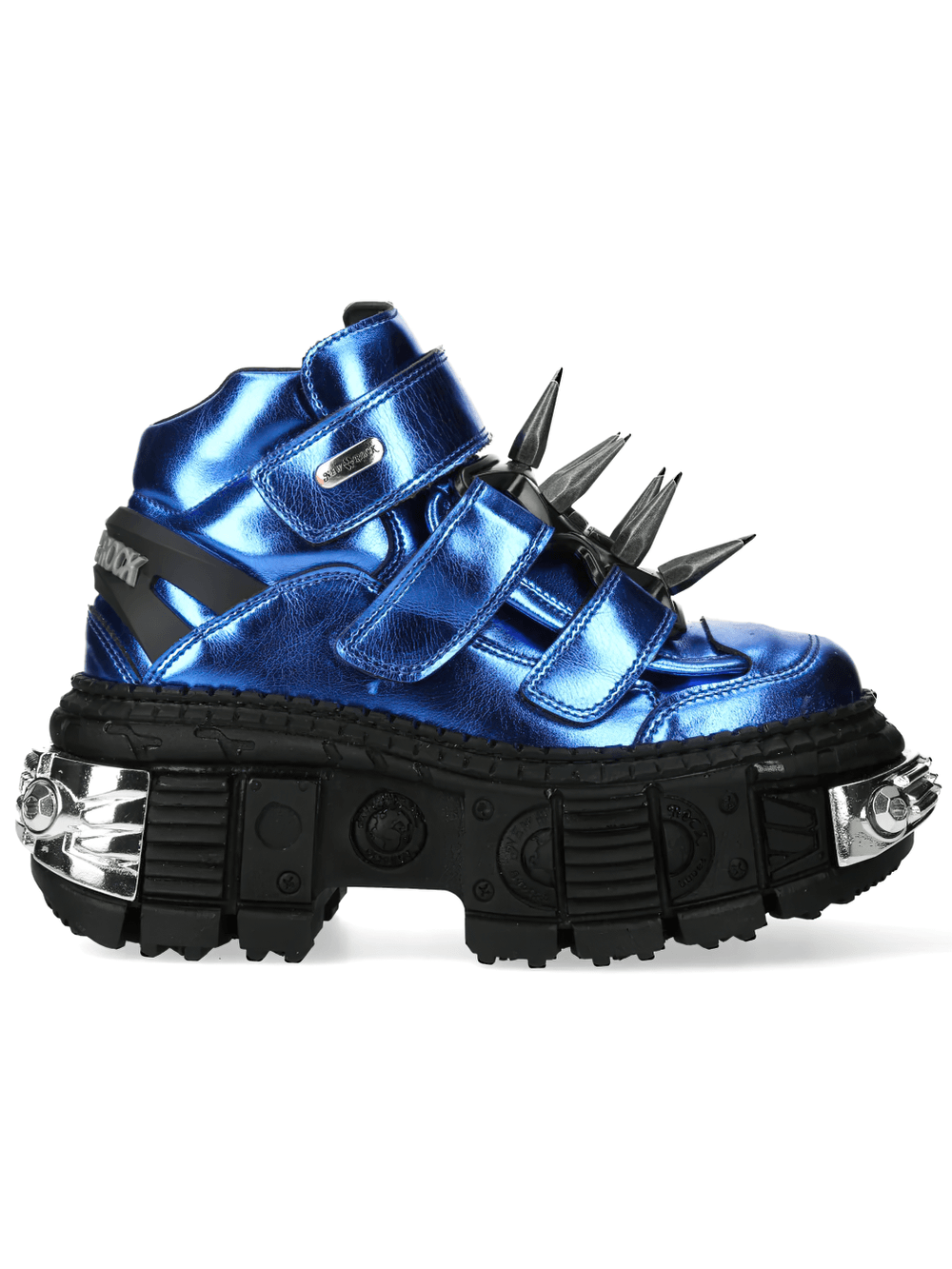 NEW ROCK Men's Blue Punk Platform Boots with Spiked Hardware showcasing metallic blue finish and bold design.