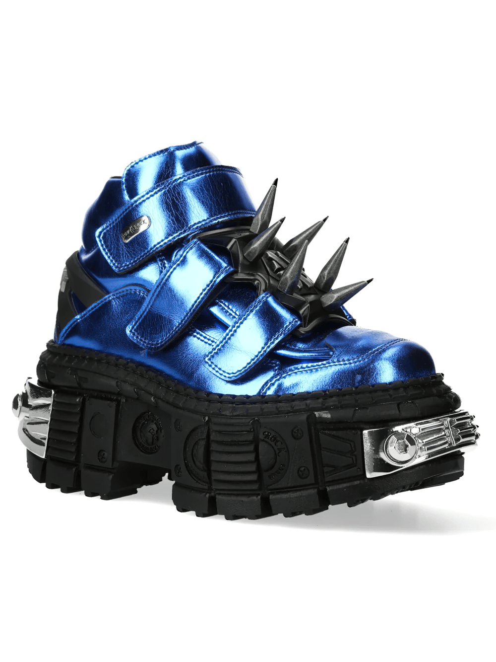 NEW ROCK Men's Blue Punk Platform Boots with Spiked Hardware featuring metallic blue finish and spiked harness.