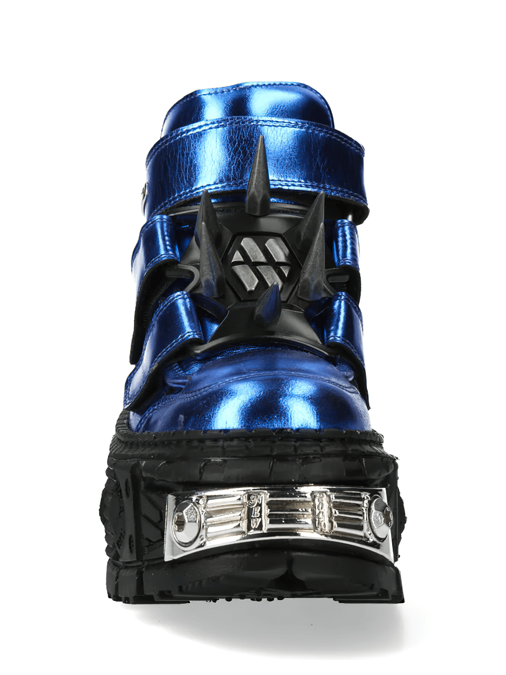 NEW ROCK Men's Blue Punk Platform Boots with Spiked Hardware featuring metallic blue finish and spiked details.