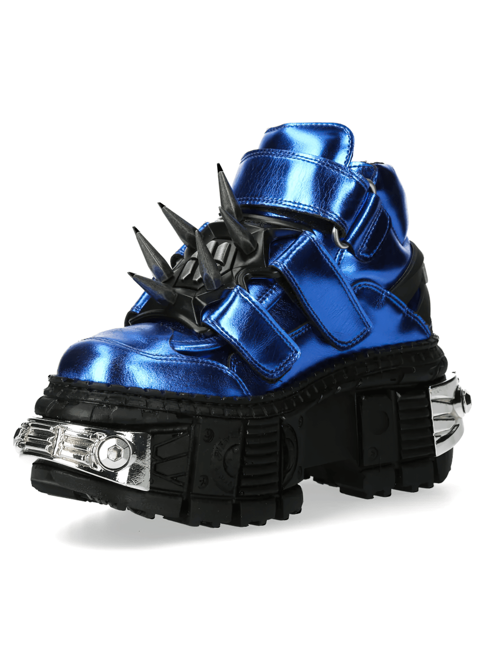 NEW ROCK Men's Blue Punk Platform Boots with Spiked Hardware featuring metallic blue finish and spiked harness.