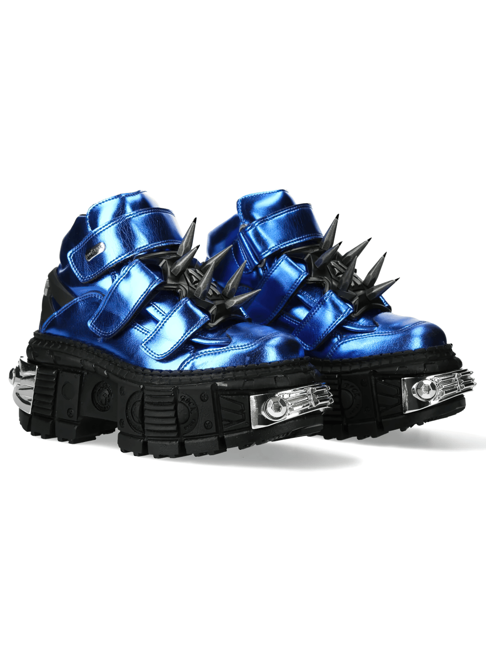 NEW ROCK Men's Blue Punk Platform Boots with Spiked Hardware featuring a metallic blue finish and spiked harness.