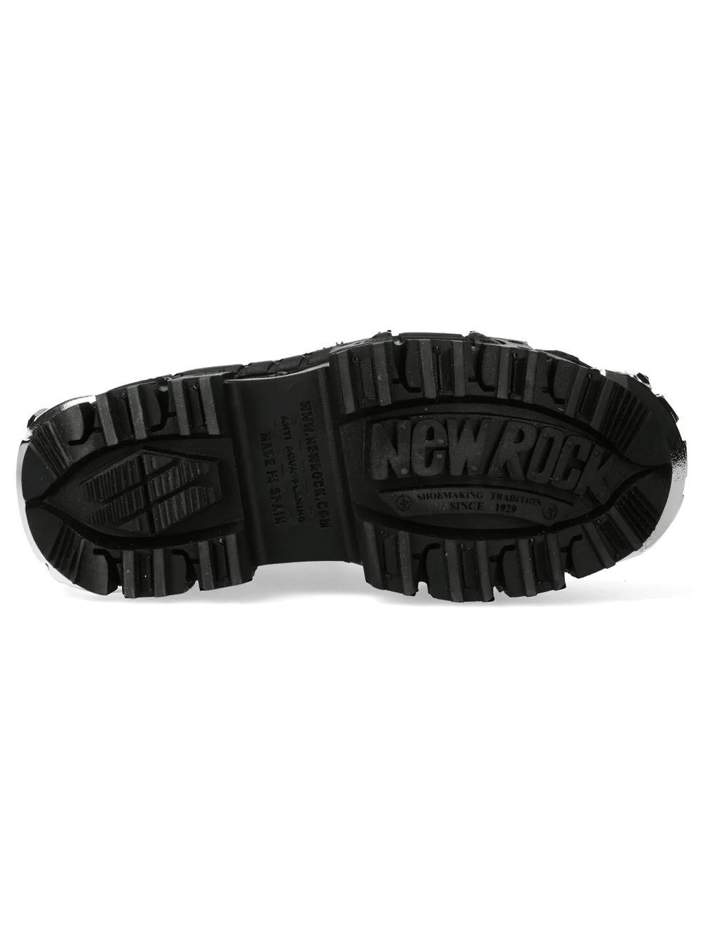 NEW ROCK Men's Blue Punk Platform Boots with Spiked Hardware bottom sole view with strong tread.