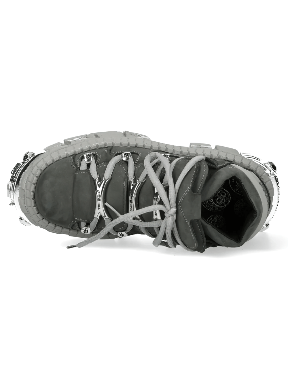 NEW ROCK Men's Boots with Chrome Plates and Sculpted Sole top view gray platform ankle boot with laces, sculpted tread sole