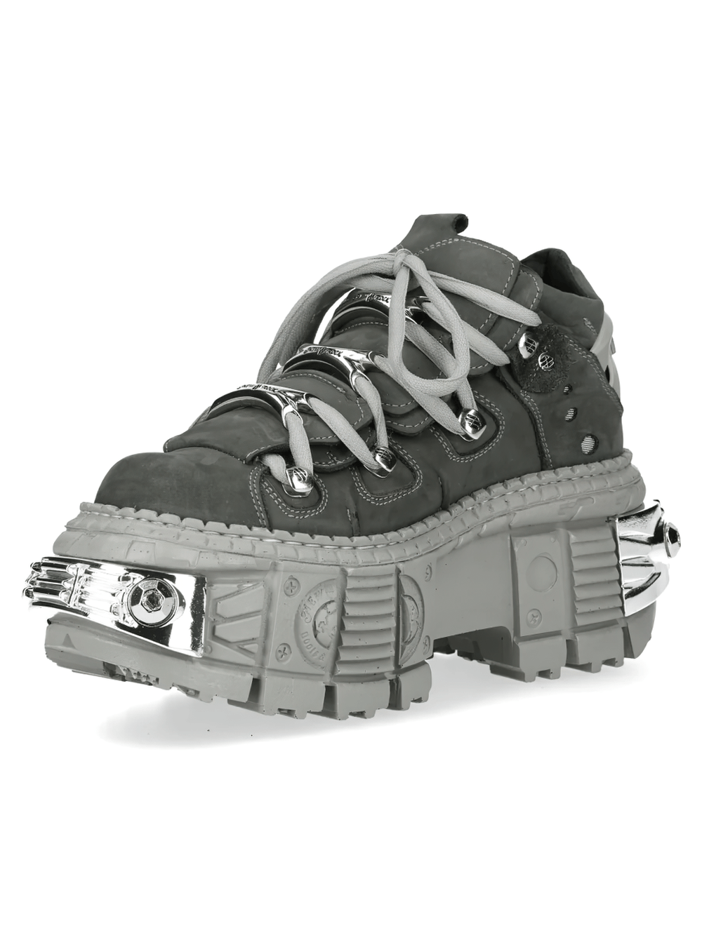 Alt Tag: NEW ROCK Men's Boots with Chrome Plates and Sculpted Sole gray lace-up platform ankle boot, sculpted tread sole, chrome toe plates