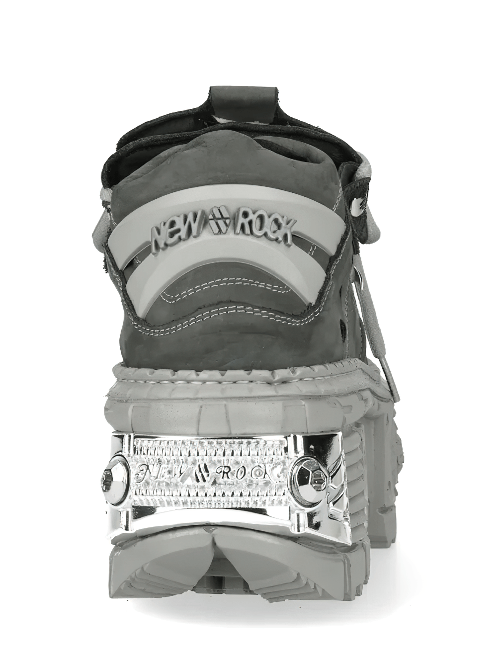 Alt Tag: NEW ROCK Men's Boots with Chrome Plates and Sculpted Sole rear view gray platform ankle boot with chrome heel plate and sculpted tread
