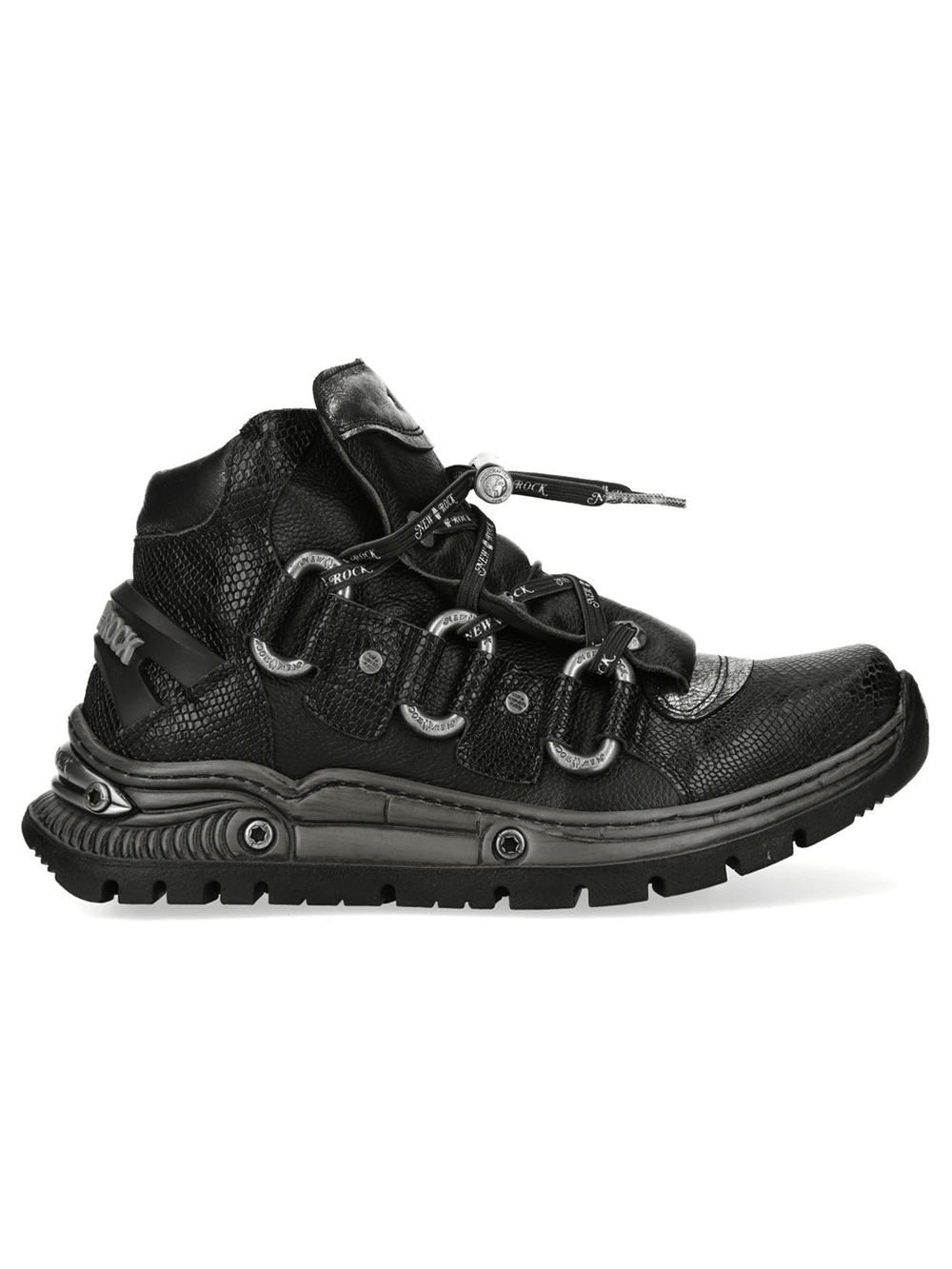 NEW ROCK Men's Boots with Cord Lacing and Textured Sole, featuring black leather, metal loops, and textured sole for rugged style.