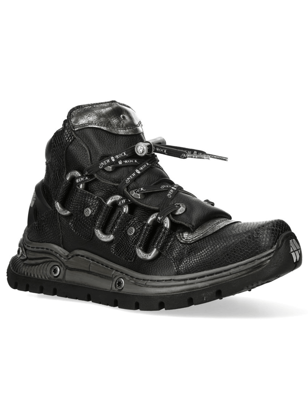 NEW ROCK Men's Boots with Cord Lacing and Textured Sole featuring metal loops and a rugged design.