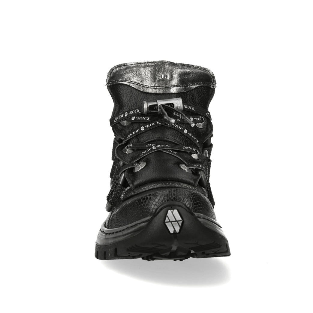 NEW ROCK Men's Boots with Cord Lacing and Textured Sole showcasing rugged design and bold metal loops.