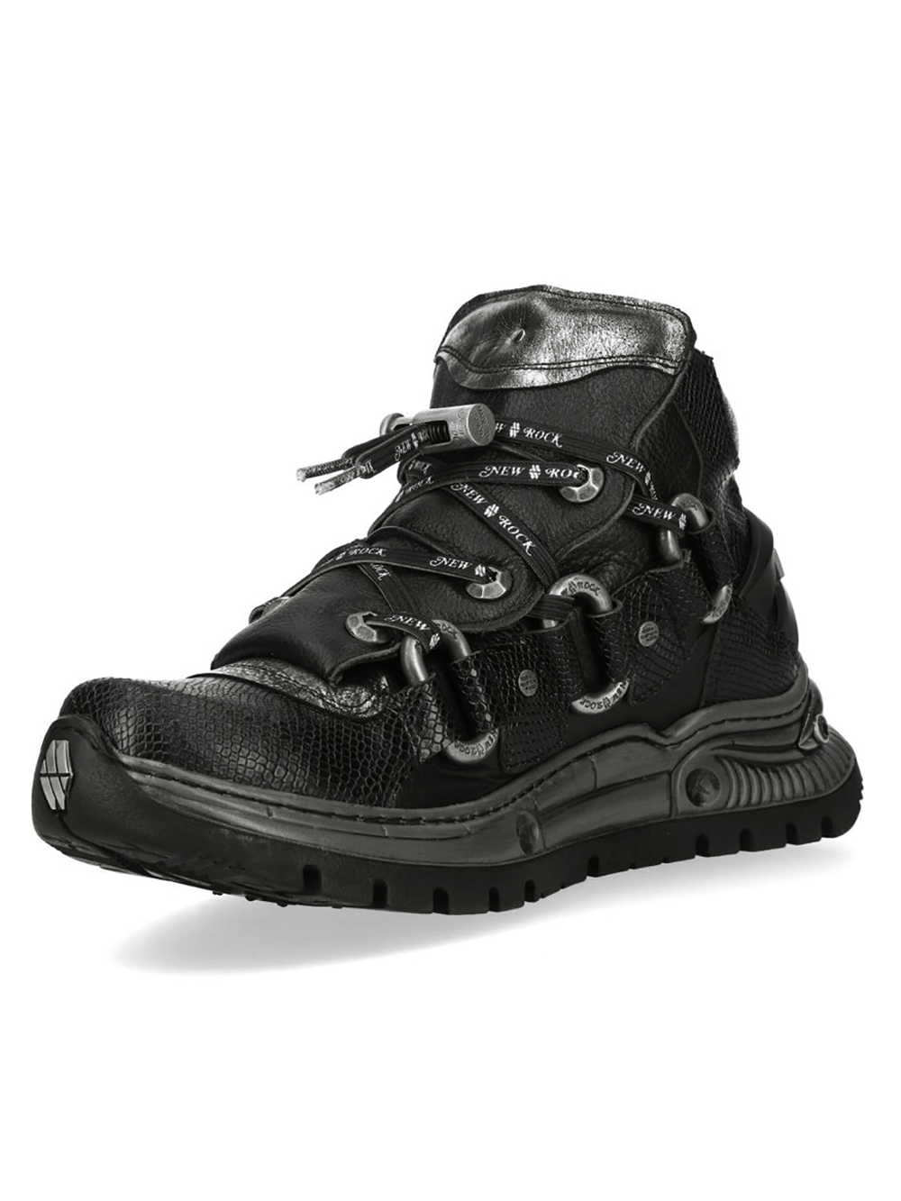 NEW ROCK Men's Boots with Cord Lacing and Textured Sole featuring metal loops and rugged black leather design.