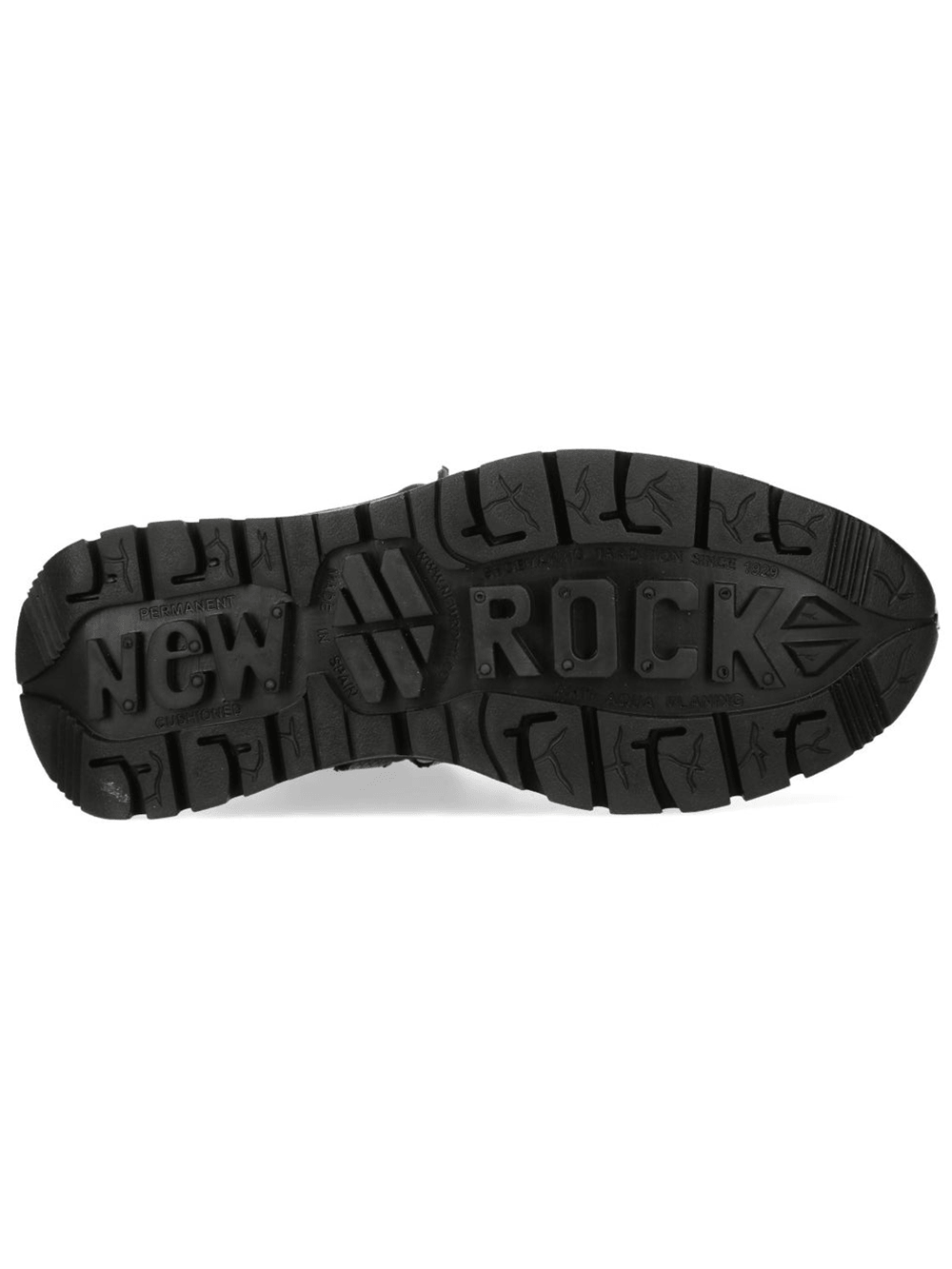 NEW ROCK Men's Boots with Cord Lacing and Textured Sole textured sole bottom view, showcasing rugged design and brand logo.