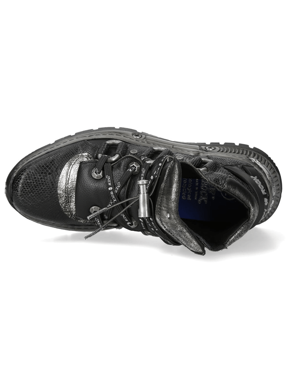NEW ROCK Men's Boots with Cord Lacing and Textured Sole showcasing black leather upper and metallic accents from above.