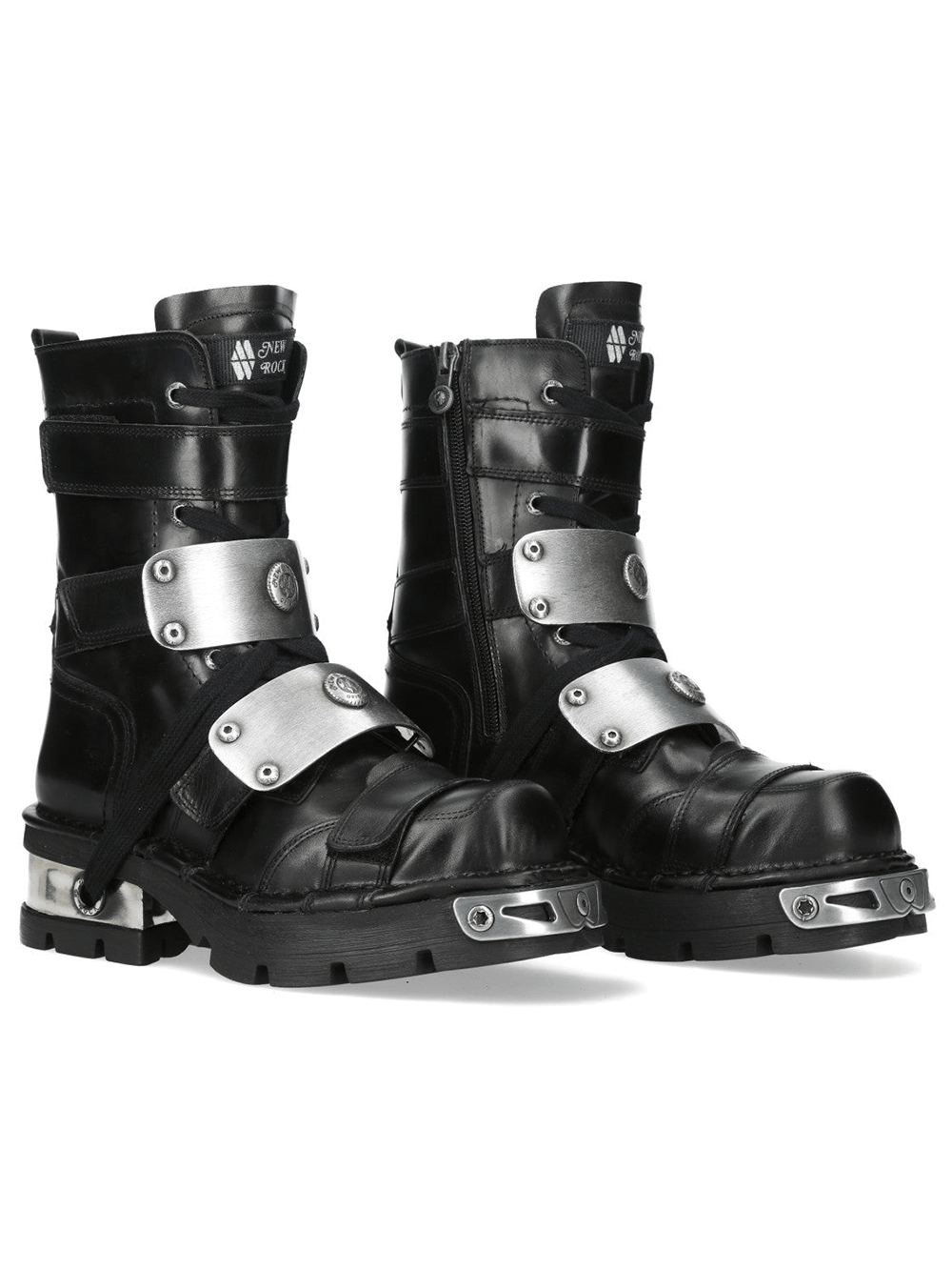 NEW ROCK Men's Boots With Silver Plates and Velcro Straps featuring black leather and silver hardware.