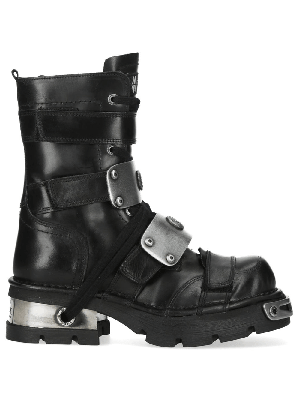 NEW ROCK Men's Boots With Silver Plates and Velcro Straps in black with metallic accents and rugged design.