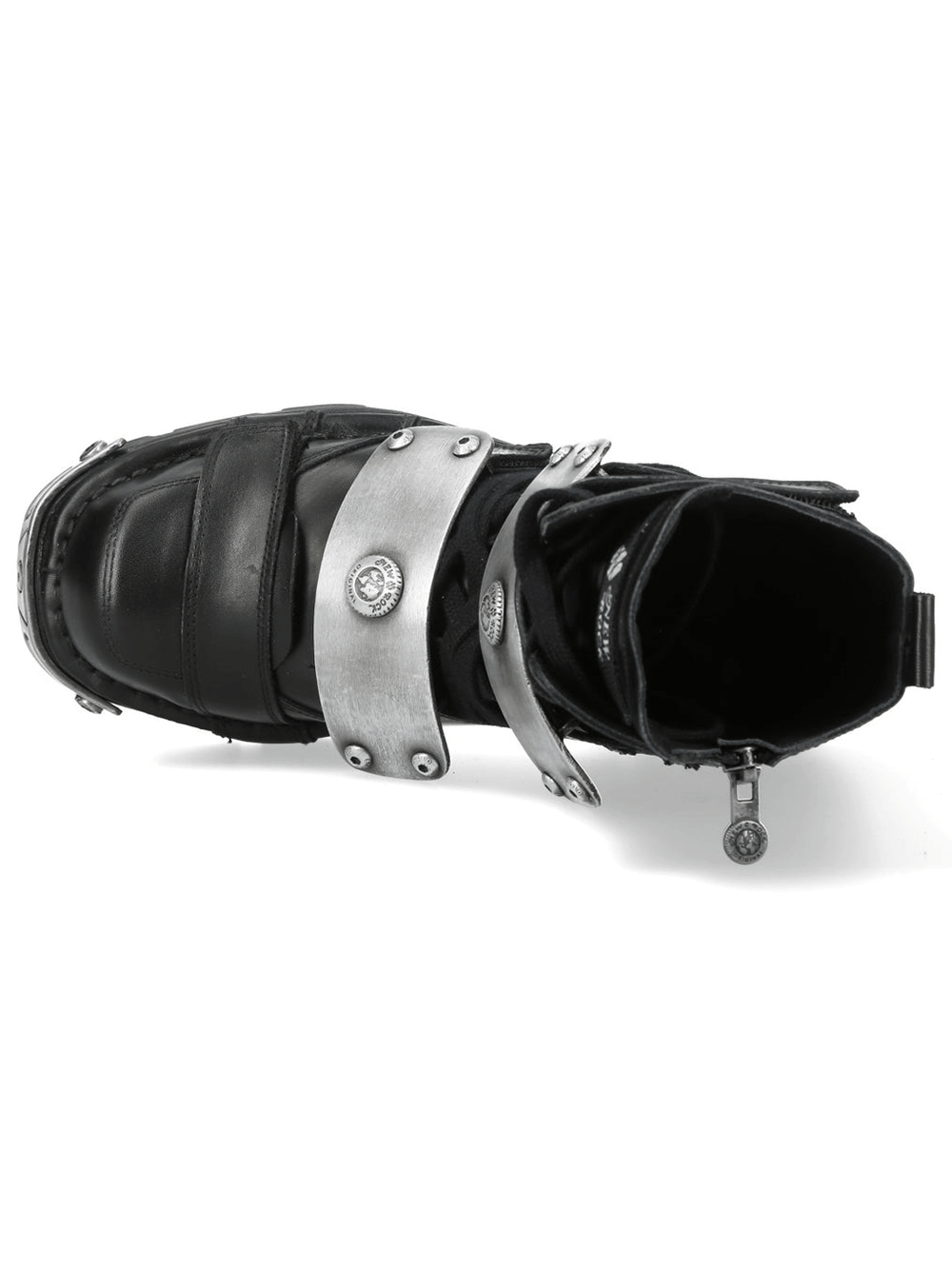 NEW ROCK Men's Boots With Silver Plates and Velcro Straps showcasing sleek black design and stylish silver plates.