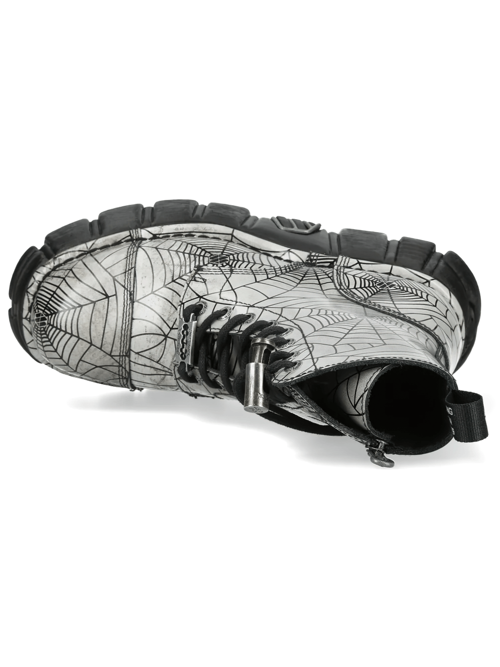 NEW ROCK Men's Boots with Web Print and Side Zipper Sole showcasing spiderweb design and chunky platform.