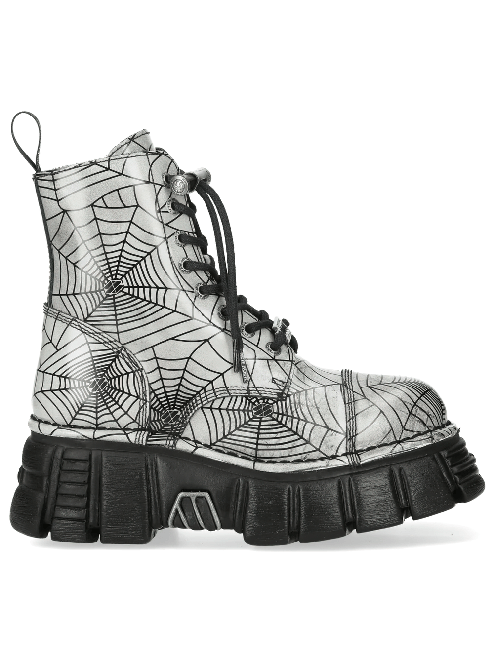 NEW ROCK Men's Boots with Web Print and Side Zipper Sole in bold spiderweb design and chunky platform sole.