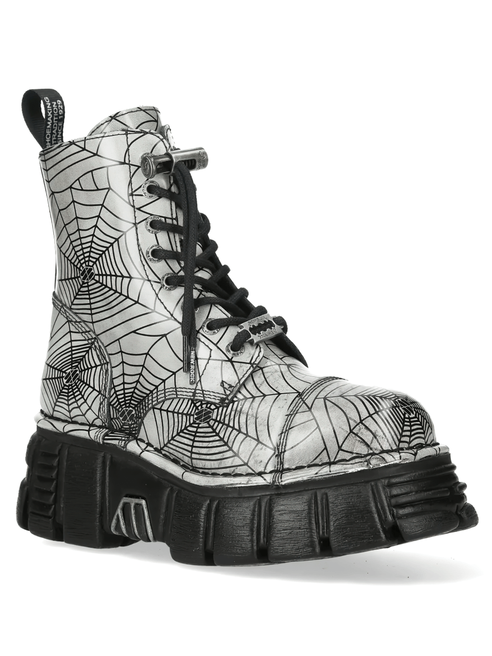 NEW ROCK Men's Boots with Web Print and Side Zipper Sole featuring spiderweb design and chunky platform sole.