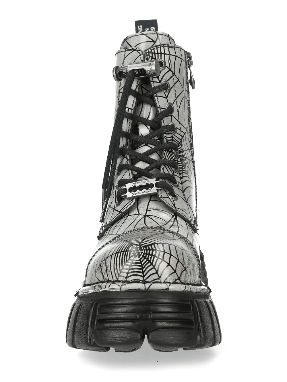 NEW ROCK Men's Boots with Web Print and Side Zipper Sole featuring black spiderweb design and chunky platform.