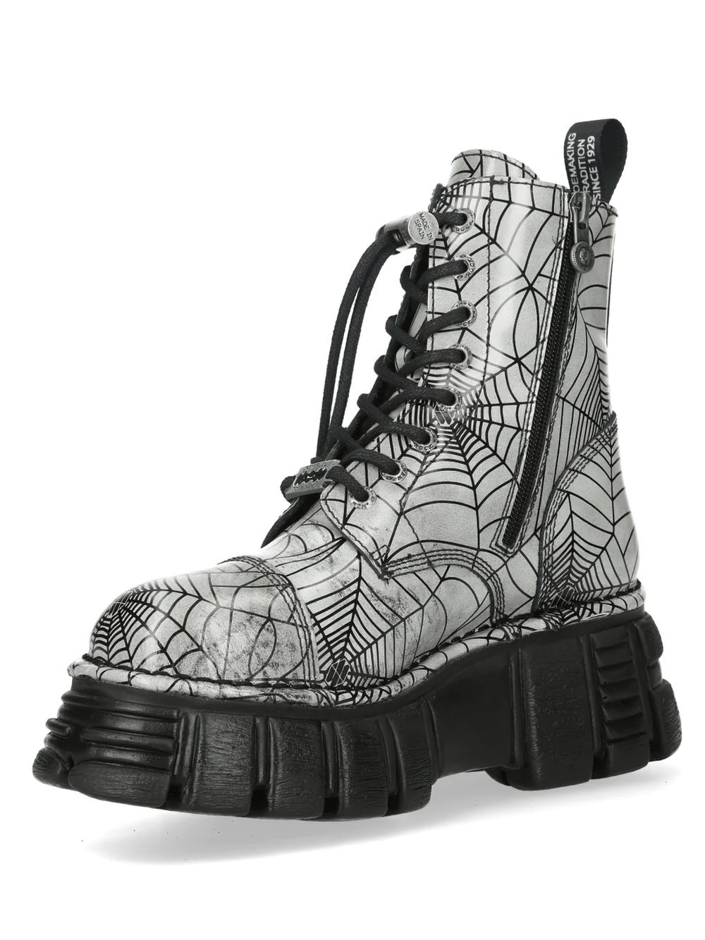 NEW ROCK Men's Boots with Web Print and Side Zipper Sole featuring a chunky platform and spiderweb design.