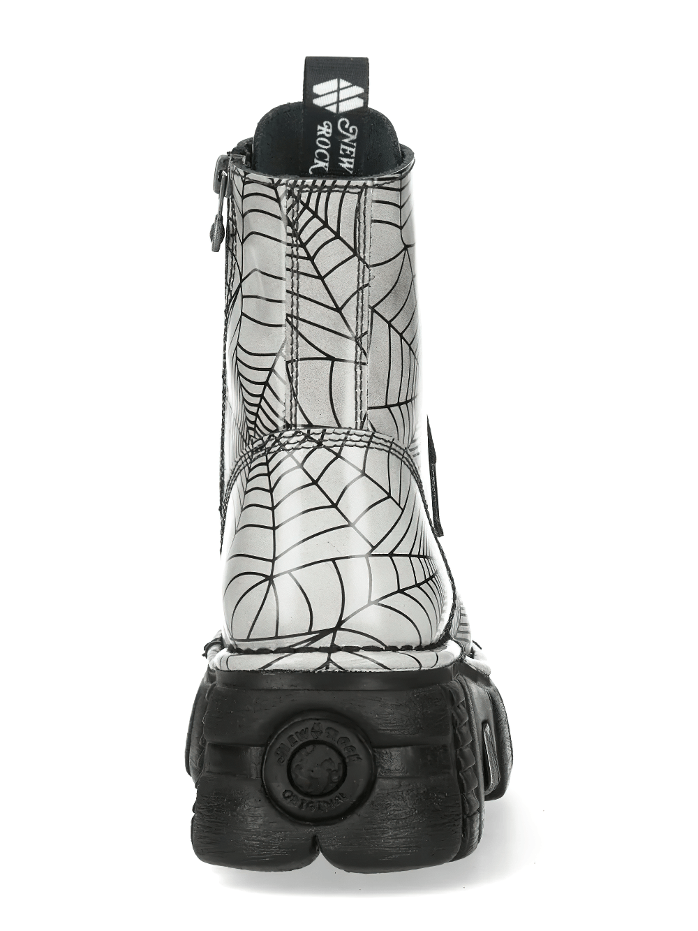 NEW ROCK Men's Boots with Web Print and Side Zipper Sole featuring a striking black spiderweb design.