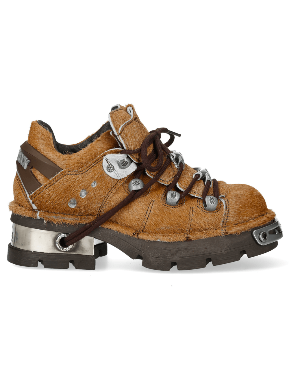NEW ROCK Men's Brown Low Platform Shoes with Silver Toe Plates featuring cow print and metallic toe trims.
