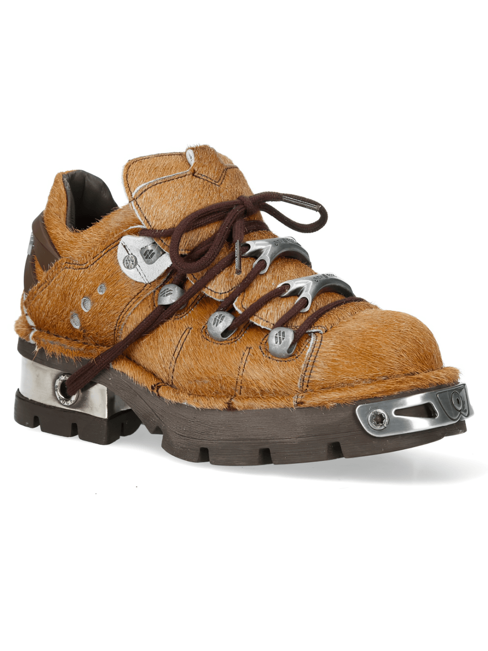 NEW ROCK Men's Brown Low Platform Shoes with Silver Toe Plates showcasing alternative cow print and metallic trims.