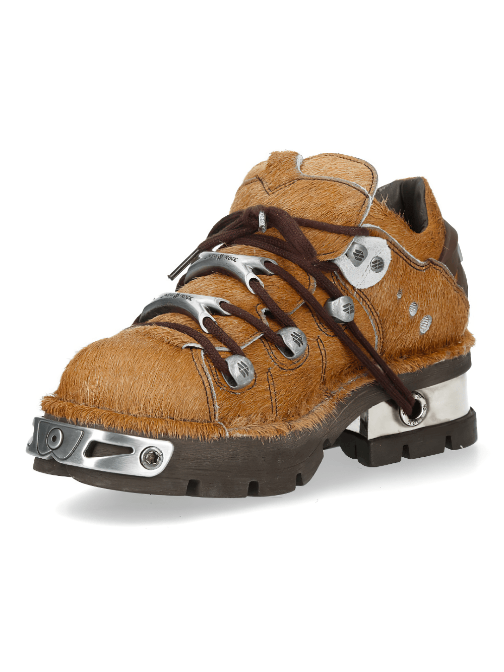 NEW ROCK Men's Brown Low Platform Shoes with Silver Toe Plates showcasing alternative cow print design.