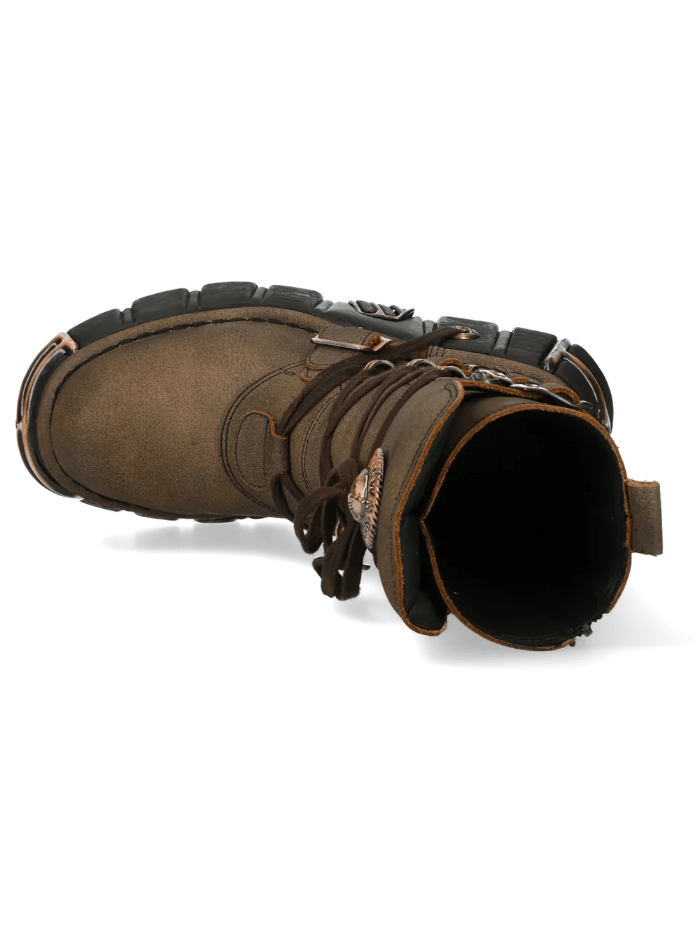 NEW ROCK Men's Brown Platform Boots with Copper Buckle Trim featuring lace-up detail and rugged design.