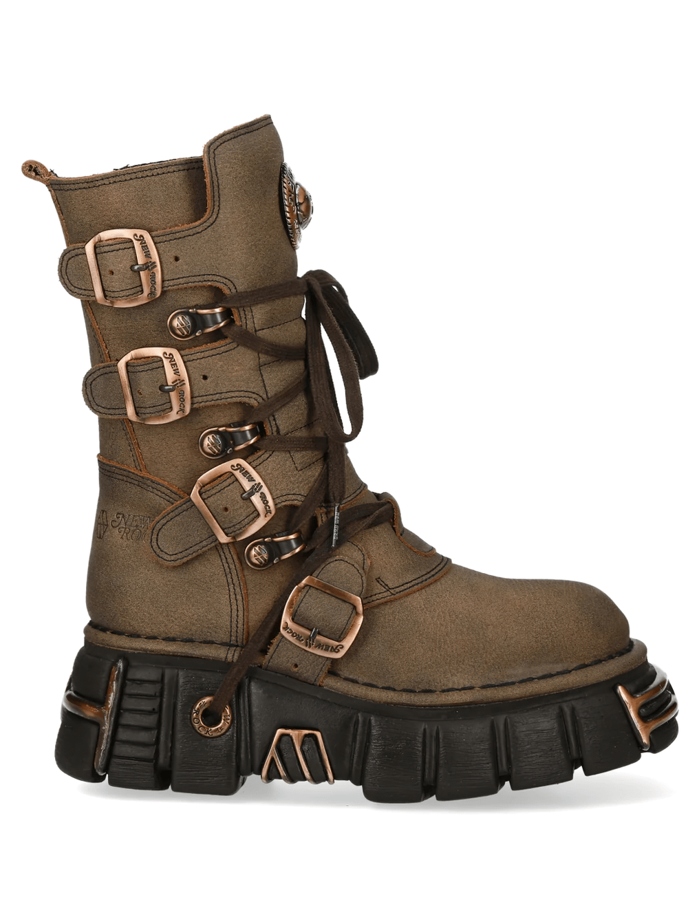 NEW ROCK Men's Brown Platform Boots with Copper Buckle Trim featuring rugged lace-up and chunky sole.
