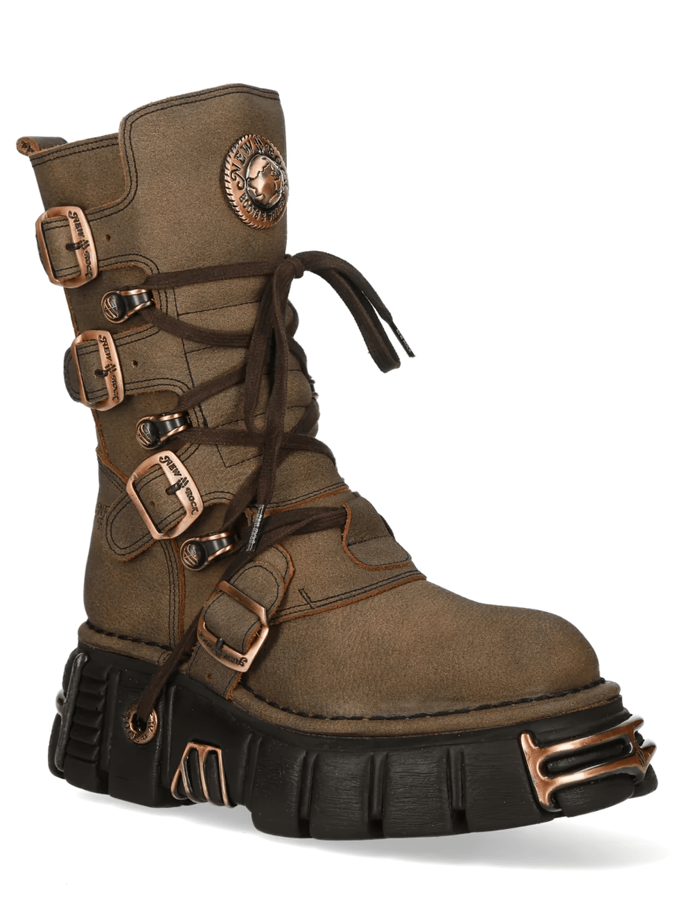 NEW ROCK Men's Brown Platform Boots with Copper Buckle Trim showcasing rugged lace-up style and chunky black sole.