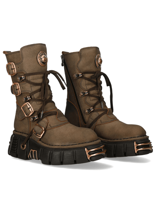 NEW ROCK Herren Braune Plateaustiefel mit Kupferschnallenverzierung
