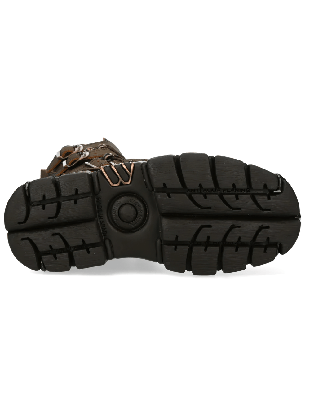 NEW ROCK Men's Brown Platform Boots with Copper Buckle Trim sole view featuring rugged tread and chunky design