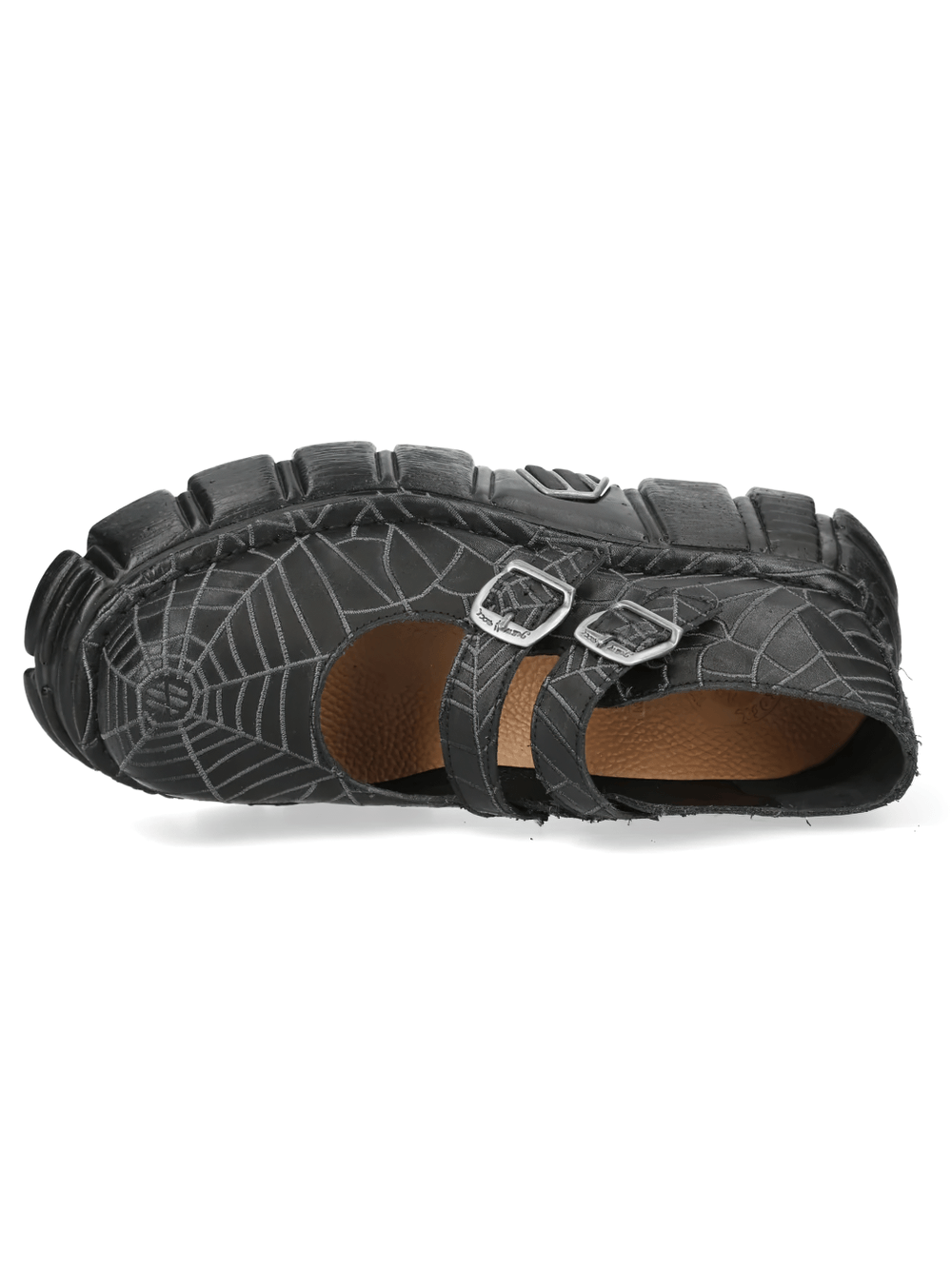 NEW ROCK Men's Buckle Shoes with Web Print and Raised Sole - Top view of black spiderweb platform Mary Janes with buckles.