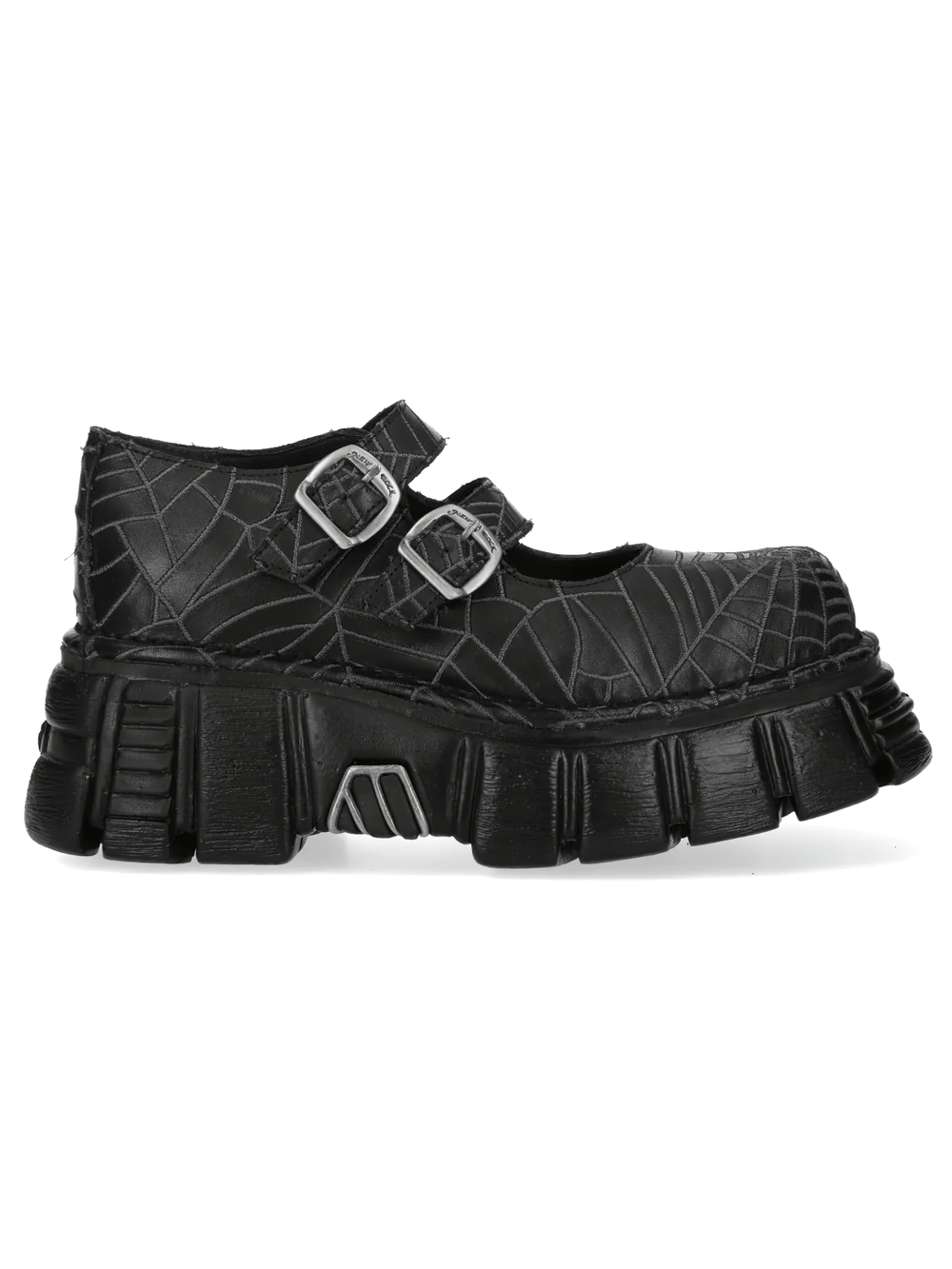 NEW ROCK Men's Buckle Shoes with Web Print and Raised Sole in black with spiderweb design and chunky sole.
