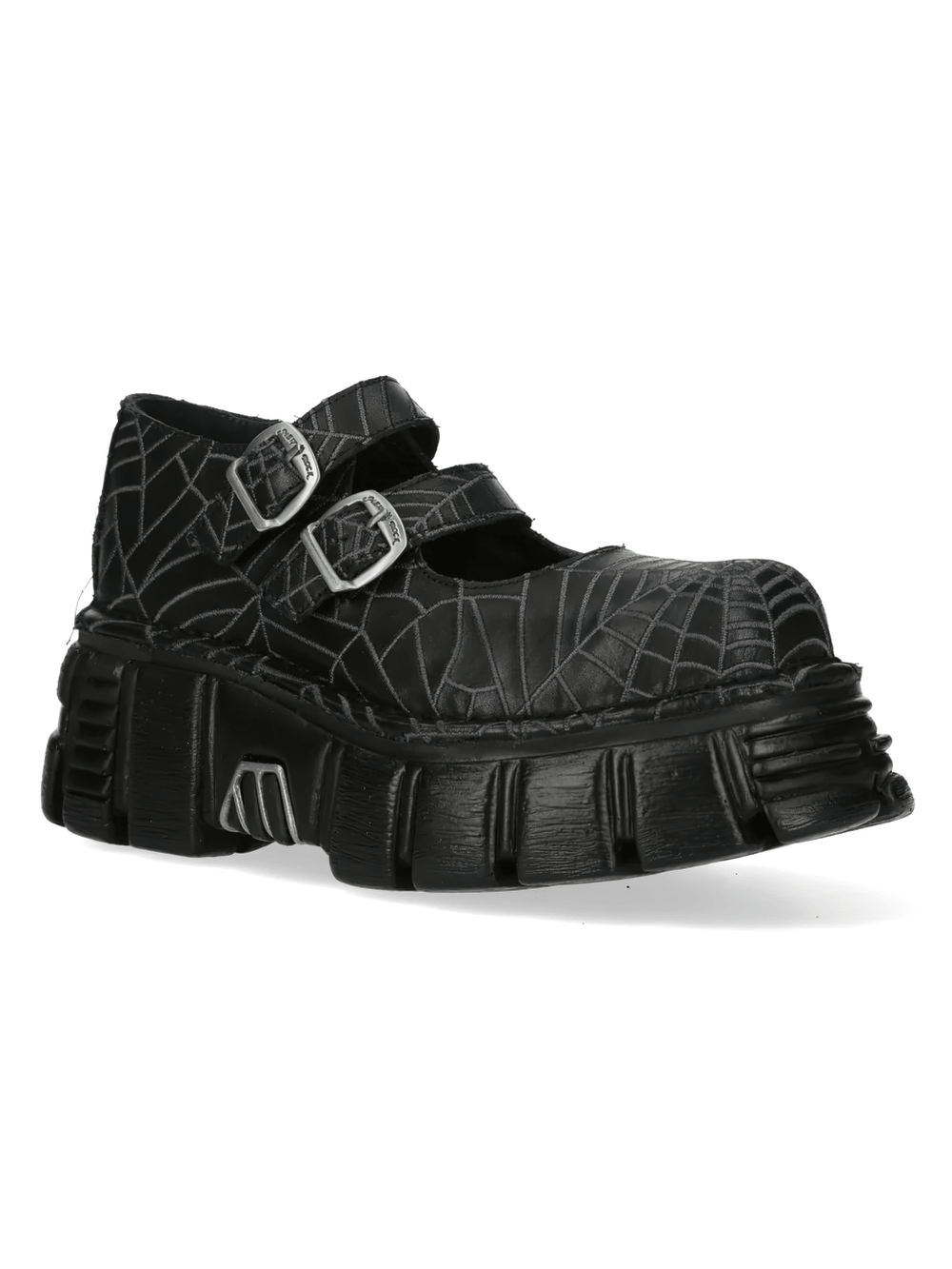 NEW ROCK Men's Buckle Shoes with Web Print and Raised Sole featuring a bold black spiderweb design and chunky lug sole.