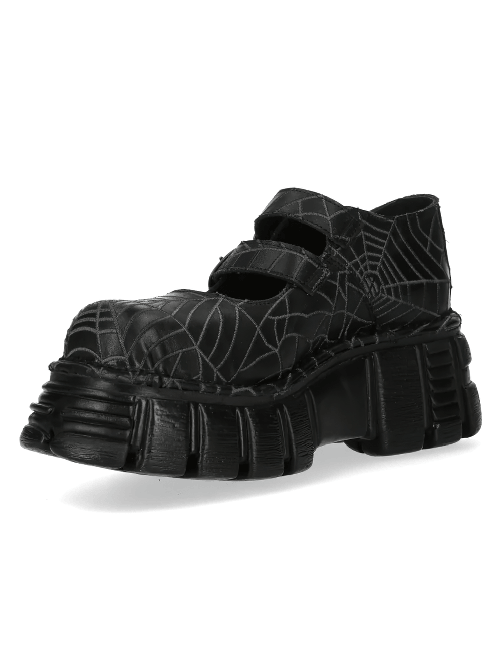 NEW ROCK Men's Buckle Shoes with Web Print and Raised Sole in black spiderweb design featuring chunky lug sole.