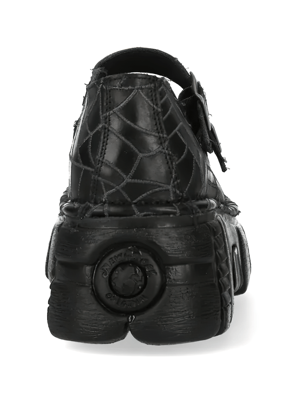 NEW ROCK Men's Buckle Shoes with Web Print and Raised Sole - detailed view of the back with spiderweb design and chunky lug sole.