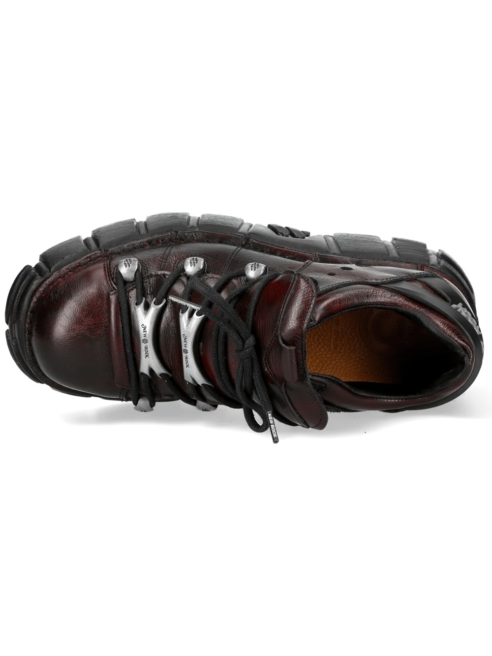 NEW ROCK Men's Burgundy Shoes with Sculpted Black Soles top view showcasing dark hardware and chunky sole.