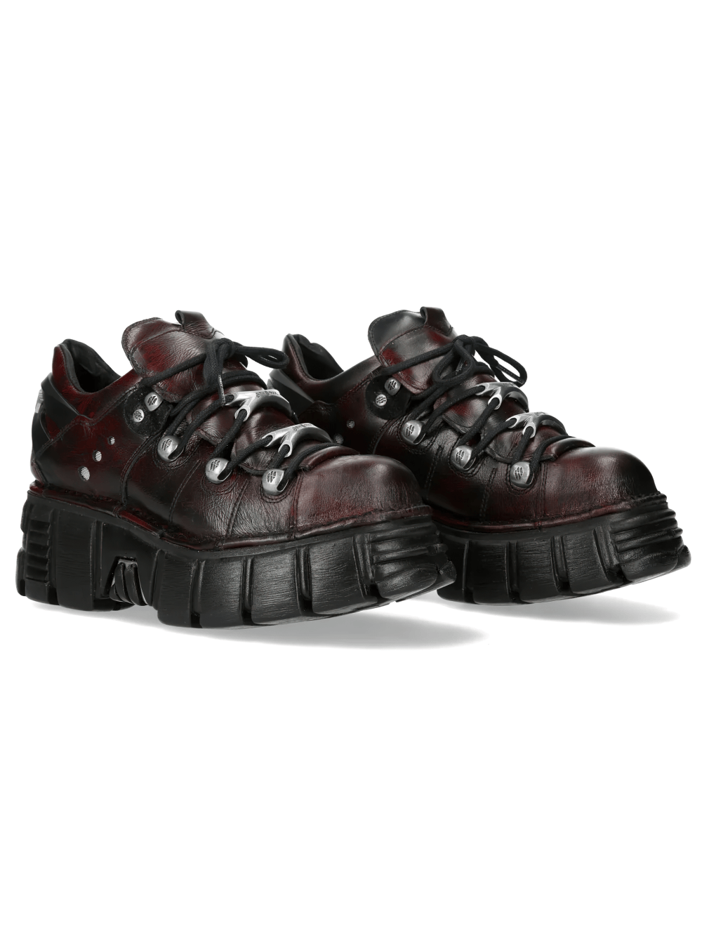 NEW ROCK Men's Burgundy Shoes with Sculpted Black Soles featuring thick laces and chunky black soles.