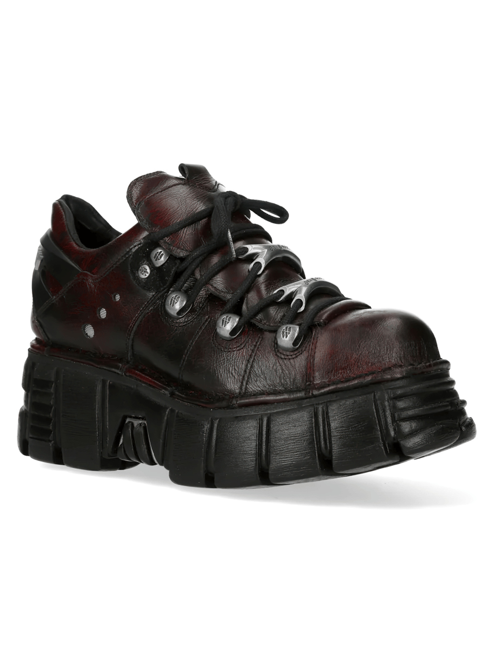 NEW ROCK Men's Burgundy Shoes with Sculpted Black Soles in a gothic punk style with thick soles and dark hardware.