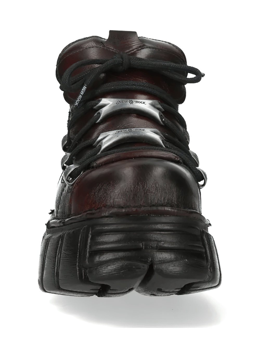 NEW ROCK Men's Burgundy Shoes with Sculpted Black Soles featuring thick laces and a chunky sole.