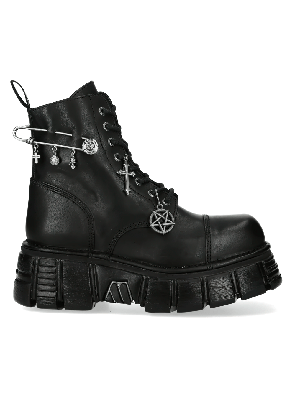 NEW ROCK Men's Charms Ankle Boots with Cross and Pin Detail featuring chunky platform and silver-tone charms.