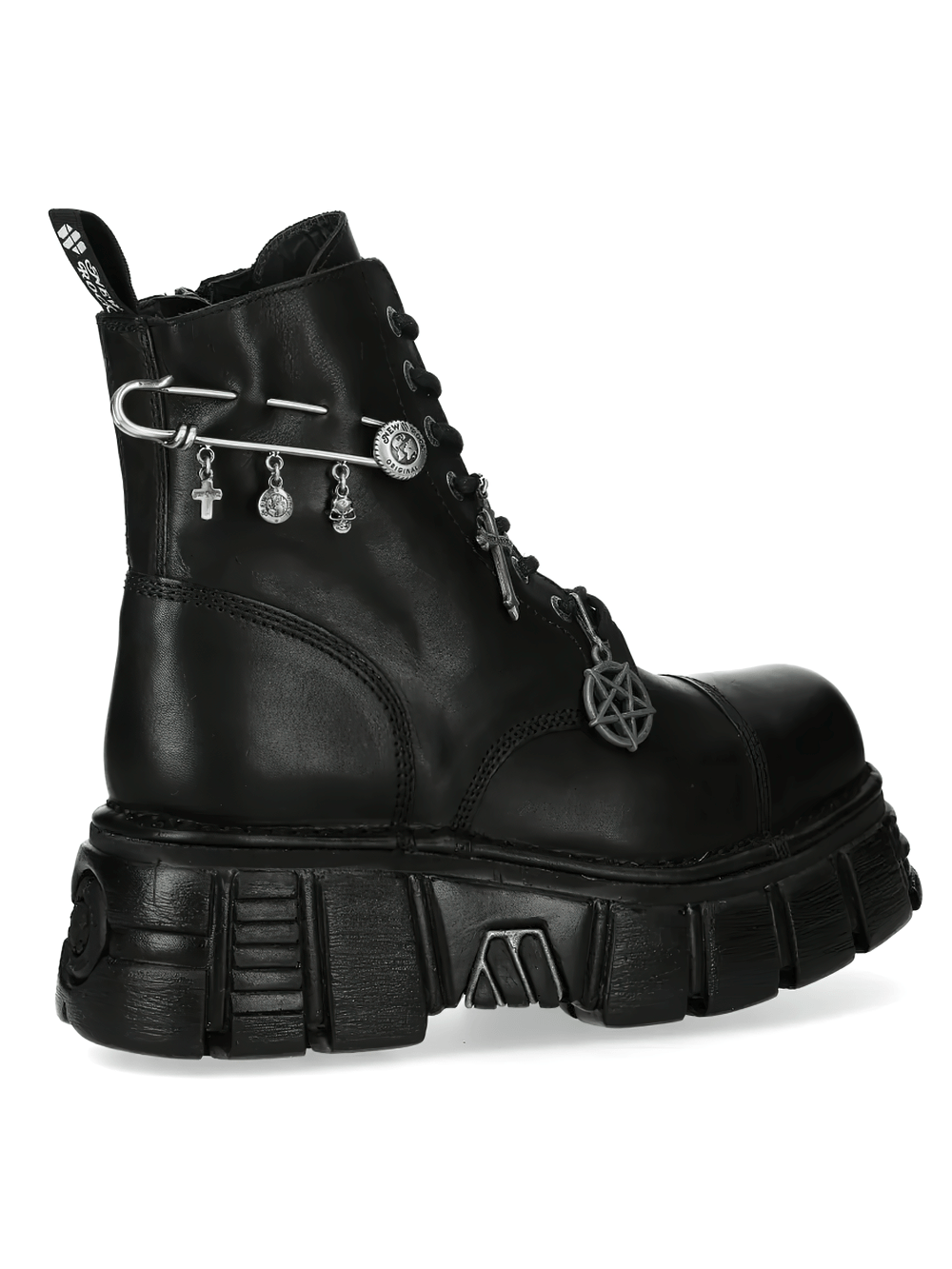 NEW ROCK Men's Charms Ankle Boots with Cross and Pin Detail featuring silver-tone charms and chunky platform.