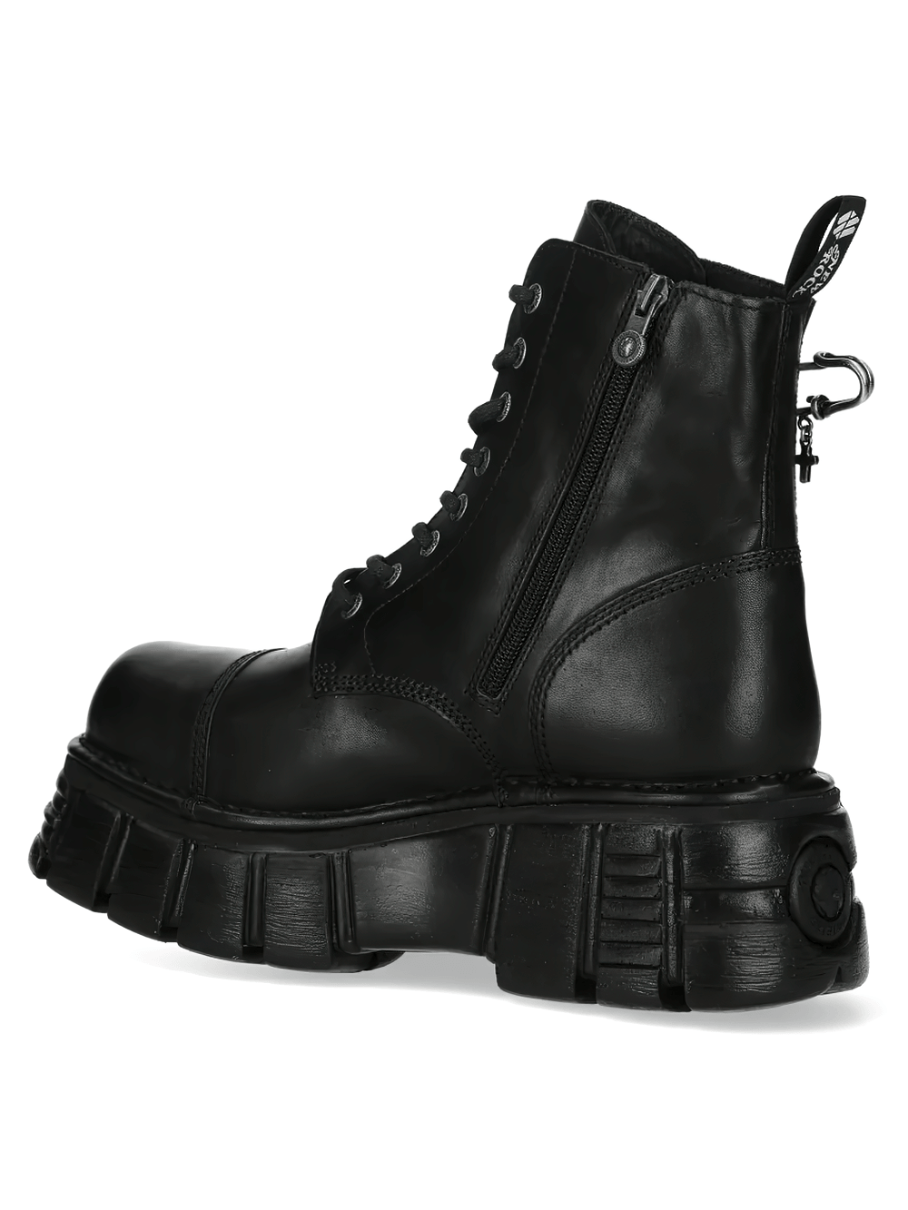 NEW ROCK Men's Charms Ankle Boots with Cross and Pin Detail side view showcasing black leather and chunky platform.