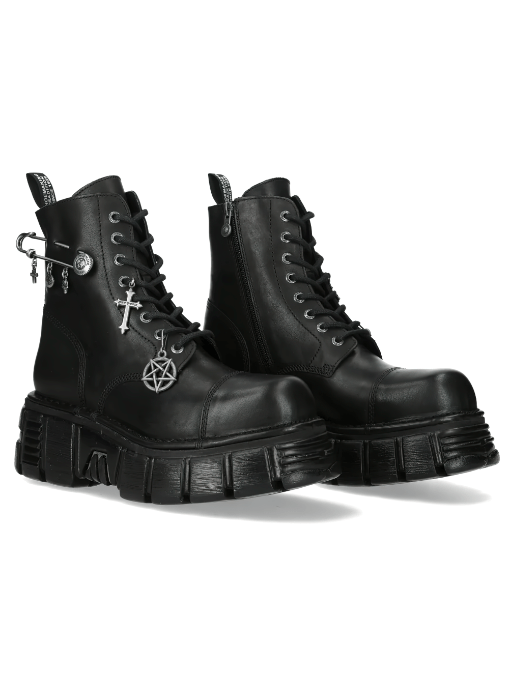 NEW ROCK Men's Charms Ankle Boots with Cross and Pin Detail featuring chunky platform and edgy charms.
